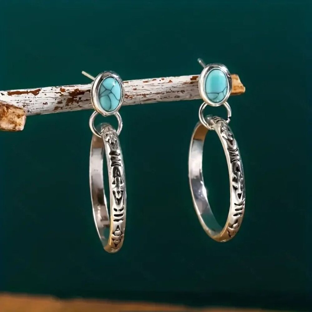 2pcs (1 pair)   Ladies Retro Round Pierced Turquoise Earrings
